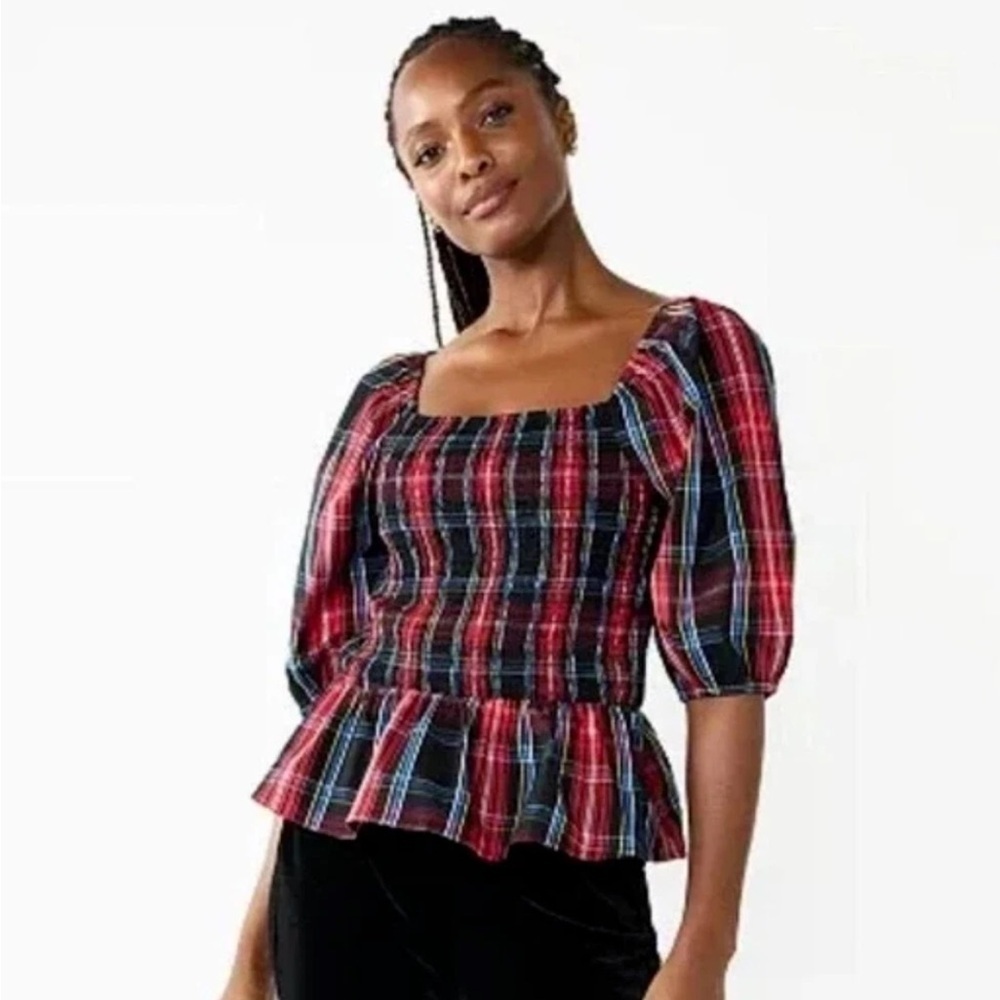 Draper James womens large Top Smocked Peplum Puff Sleeves Red Black Plaid nwot - Picture 2 of 9